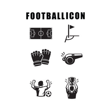 Black vector football icons featuring field, gloves, whistle, trophy, and celebration moments, perfect for sports graphics and educational materials.