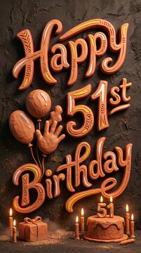 Rustic Copper Happy 51st Birthday Typography on Stone Texture Background with Heart Balloons Gift Box and Celebration Cake