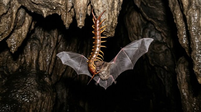 A giant centipede preying on a bat inside a dark cave.