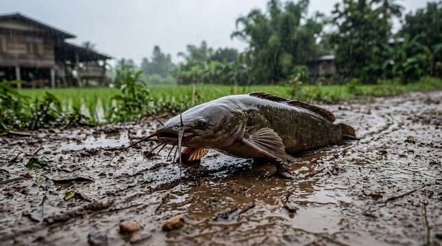 A giant snakehead fish lying on muddy ground near a rice field.