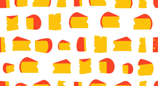 Seamless Pattern of Stylized Cheese Slices and Wheels, Vector Illustration