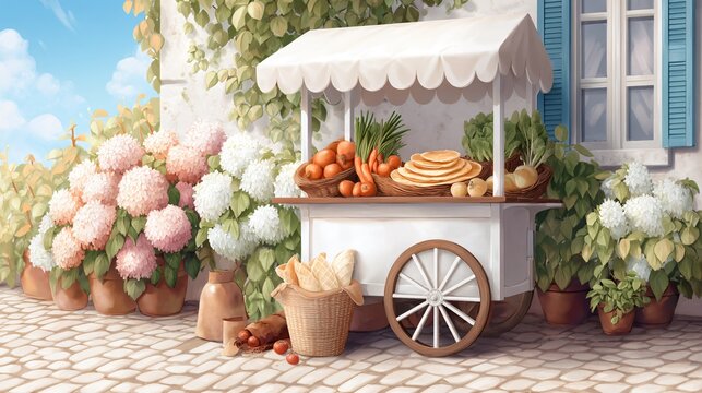Parisian-style crepe cart on cobblestone street, vintage French market scene, fresh ingredients display, atmospheric food illustration