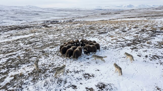 A herd of muskoxen in a defensive circle against a pack of arctic wolves in the snowy tundra.
