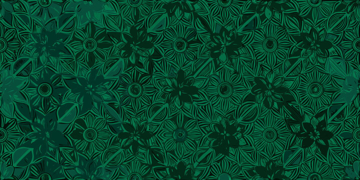 seamless dark green floral pattern with stylized flower shapes and subtle contrast