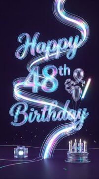 Glowing Ribbon Light Happy 48th Birthday Typography with Metallic Heart Balloons Gift Box and Celebration Cake