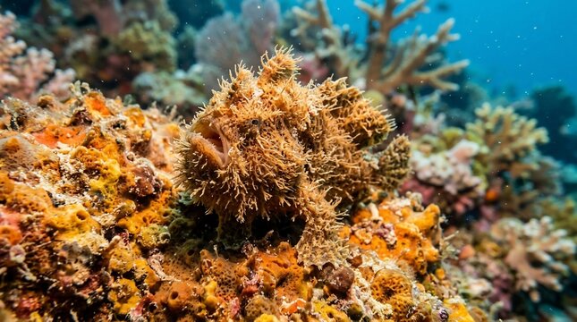 A highly camouflaged warty frogfish hiding on a vibrant tropical coral reef.
