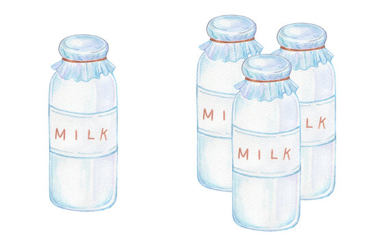 水彩で描いた牛乳瓶のイラスト