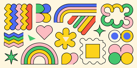 Obraz premium abstract retro shapes collage with colorful wavy lines hearts and floral elements