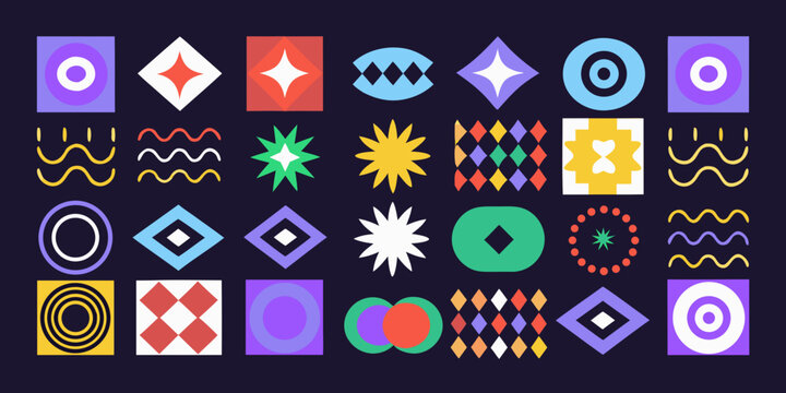 abstract geometric pattern collection with colorful shapes on a dark navy background
