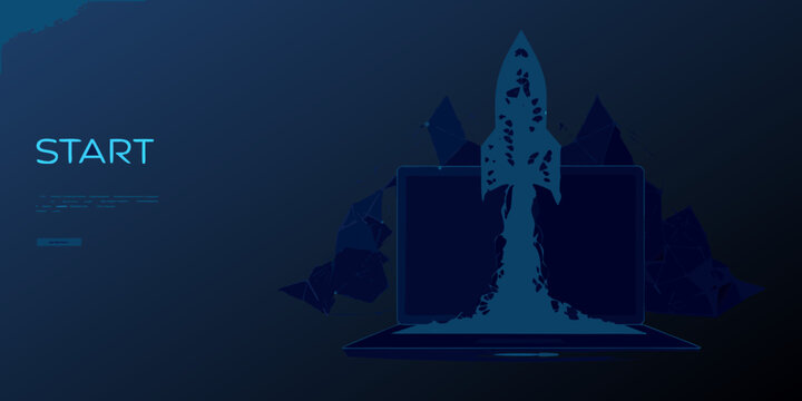 Wireframe rocket launching from a laptop screen digital startup concept in blue tones