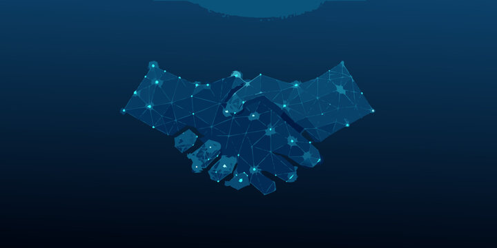 Low poly wireframe handshake with glowing blue lines on a dark background