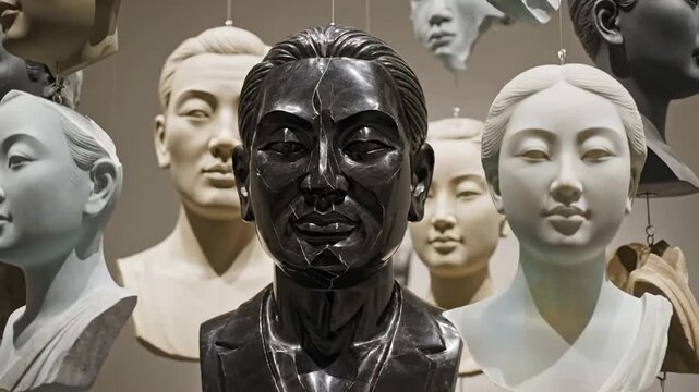 A collection of sculptures featuring multiple busts on display including one black and several white and gray busts of men and women.
