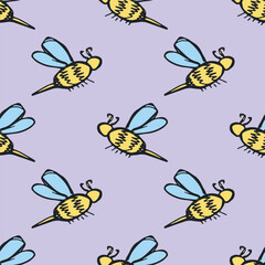Fototapeta premium Seamless pattern with hand drawn happy funny cute honey bee Adorable flying striped insect friendly kawaii bumble bee For kids print, wrapping paper, packaging, fabric
