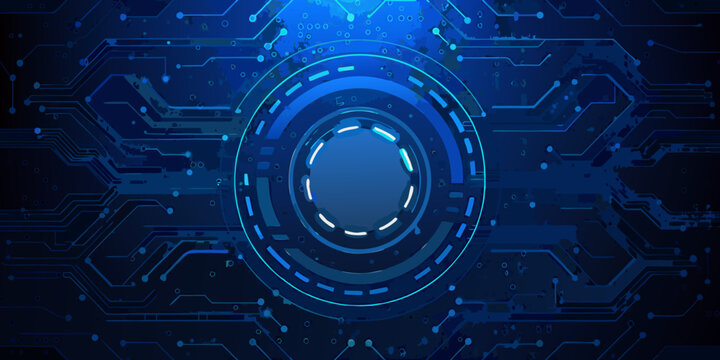 abstract circuit board background with glowing blue concentric circles and technology lines