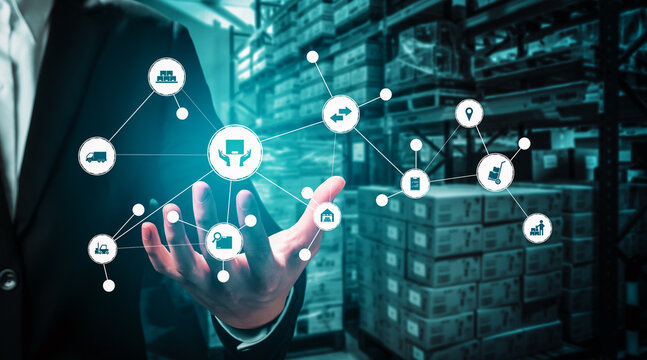 Smart warehouse management system with innovative internet of things technology to identify package picking and delivery . Future concept of supply chain and logistic network business .