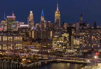 Lower Manhattan aerial view. New York City panoramic skyline. New York skyline with Manhattan Tower. New York night skyline. NYC aerial cityscape. Manhattan at night. New York City Hudson skyline. © Volodymyr