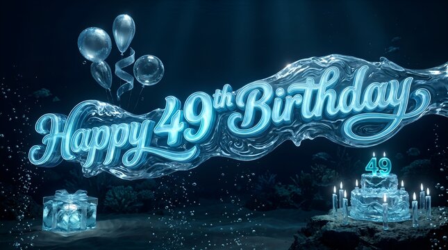 Luminous Blue Happy 49th Birthday Typography with Metallic Balloons Glowing Gift Box and Celebration Cake