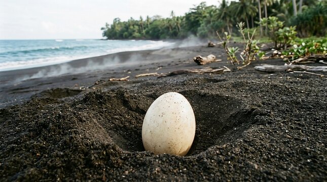 A large megapode egg buried in the black volcanic sand of a tropical beach.