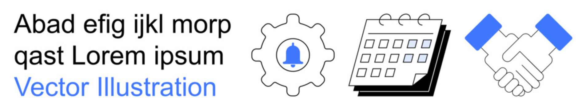 Business planning, teamwork, alerts, productivity, project management, collaboration. Gear, bell alert calendar and handshake icons in vector style. Productivity and teamwork concepts