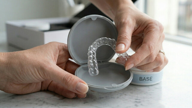 Hands Holding a Clear Plastic Dental Aligner with Grey Storage Case for Teeth Straightening