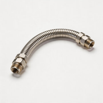 This is a stainless steel corrugated flexible pipe fitting with threaded connectors and locking nuts, placed on a plain white background.