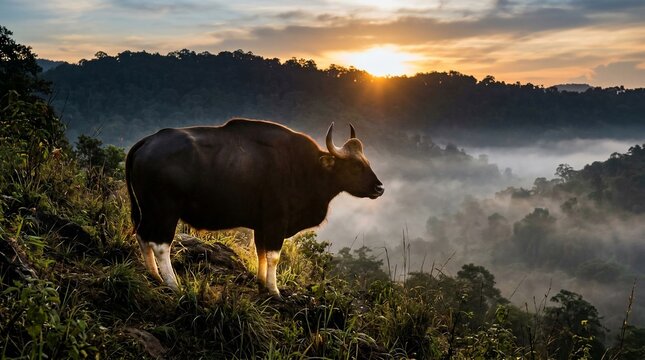 A magnificent gaur standing on a hill during a golden sunrise over a misty tropical forest.