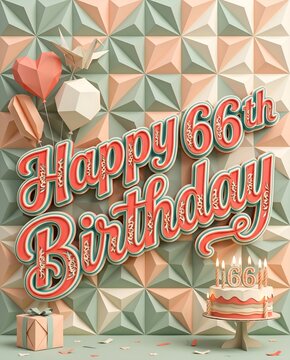 Geometric Pastel Happy 66th Birthday Typography with Heart Balloons Gift Boxes and Celebration Cake