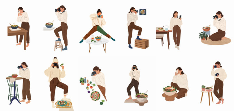 Vector illustration set of a female food photographer capturing healthy meals and salads from different angles using a smartphone and professional camera.