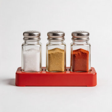 This studio shot shows three glass seasoning shakers with metal lids, holding salt, ground cumin and paprika, arranged in a bright red plastic rack on a plain white background.