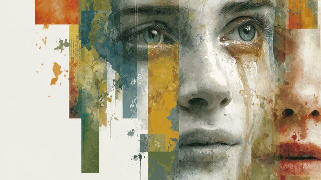 Surreal 8K abstract project of a split-face woman with one happy and one crying expression, staggered vertical faces, watercolor splashes, emotional contrast, modern artistic composition