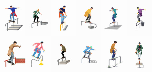 Fototapeta premium Collection of flat character illustrations featuring young men performing skateboarding tricks and grinding on urban rails and stairs.