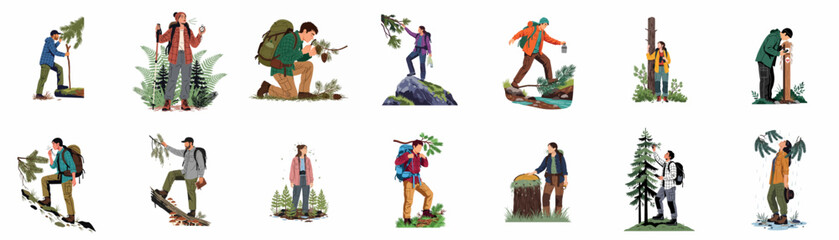 Collection of vector illustrations depicting diverse hikers engaged in various outdoor activities like trekking, navigating, and exploring the wilderness forest. © Sepuluh