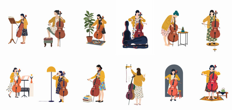 Set of flat vector illustrations featuring a female cellist practicing and performing with her instrument in various domestic scenes and artistic poses.