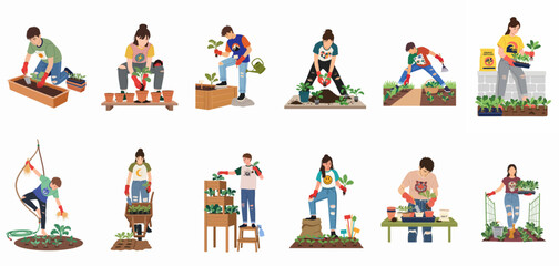 Naklejka premium A comprehensive set of illustrations depicting young adults engaged in various urban gardening and planting activities.