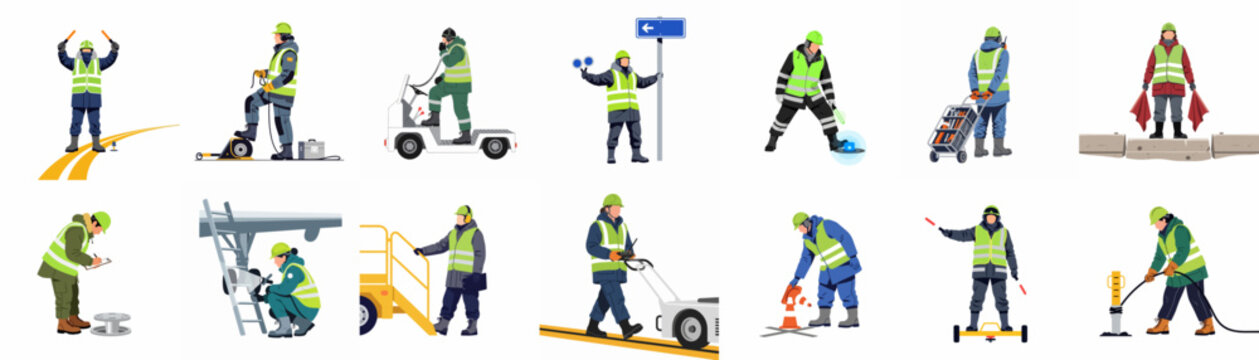 Diverse collection of flat vector illustrations featuring airport ground crew, technicians, and ramp agents performing various maintenance and operational duties on the runway.