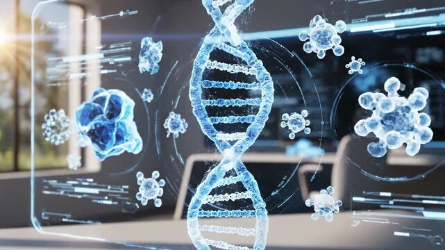 holographic dna helix and virus particles displayed in futuristic laboratory, biotechnology research and medical science concept