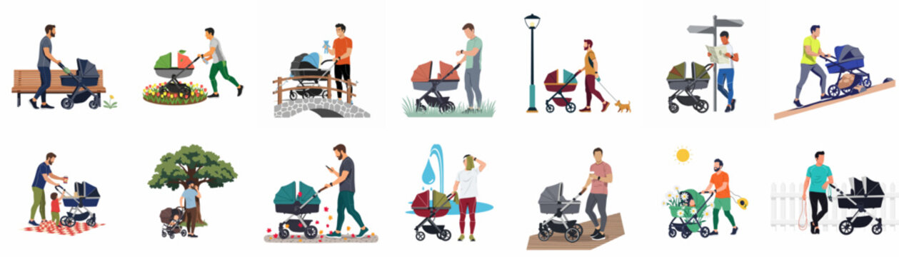 Set of flat vector characters showing fathers in various daily life activities and hobbies while pushing baby strollers outdoors.