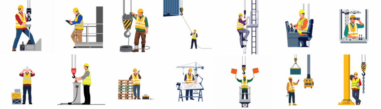 A collection of diverse industrial and construction workers performing various professional tasks in high-visibility safety gear, presented in a flat vector illustration style.