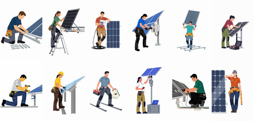 Fototapeta premium Collection of diverse solar panel technicians installing, maintaining, and repairing photovoltaic systems, representing renewable green energy professionals on a white background.