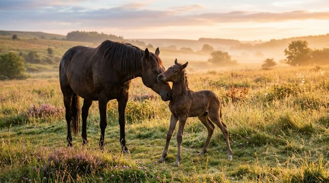 A beautiful mare and her young foal standing in a sunlit meadow during a misty morning.