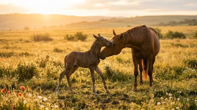 A beautiful mare horse nuzzling her newborn foal in a golden field at sunset.