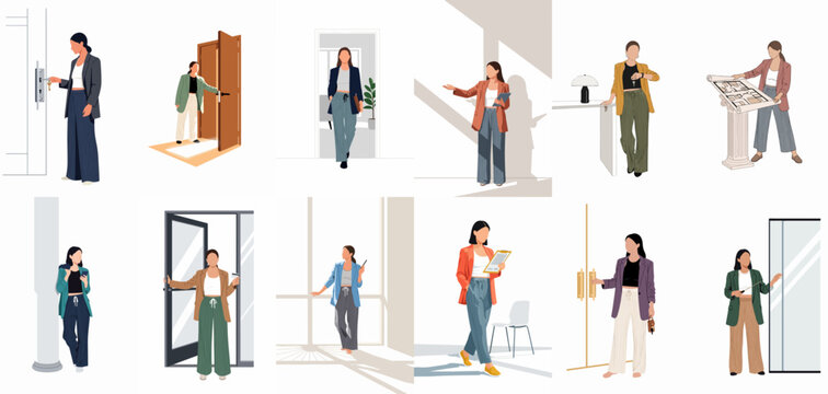 Set of flat vector illustrations depicting a professional woman in various office, real estate agent, and business scenarios on a white background.