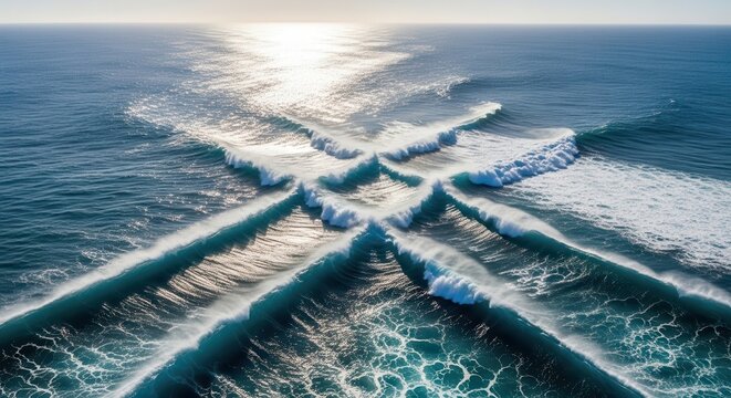 Abstract intersection of ocean waves under sunlight