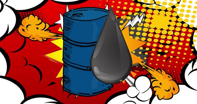 Cartoon Oil Barrel and Oil Drop, comic book Oil Industry video. Retro comics pop art design animation.