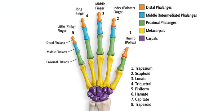 Detailed labeled diagram of the human hand skeleton, illustrating phalanges, metacarpals, and carpal bones for anatomical education