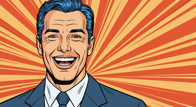 Close up portrait of a handsome man in a suit laughing heartily with a bright white smile against a vibrant sunburst background image.