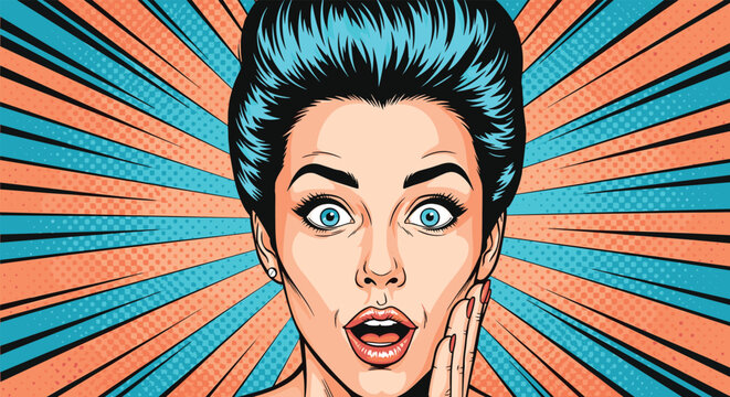 Close up portrait of a shocked young woman with blue hair looking with wide eyes in retro pop art comic style with sunburst background.
