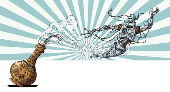 Futuristic robot genie emerging from an ancient ornate bottle with smoke in retro comic style over a blue and white sunburst background.