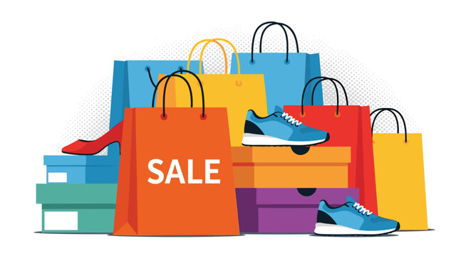 Large pile of colorful shopping bags and shoe boxes with a prominent orange bag saying sale in flat vector graphic illustration style.