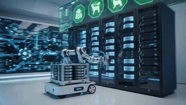 Robotic arm on automated guided vehicle moving through a modern server room, data center automation, artificial intelligence